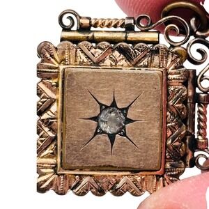 Antique Victorian gold filled Book Locket Starburst Etched Watch Fob Paste Stone